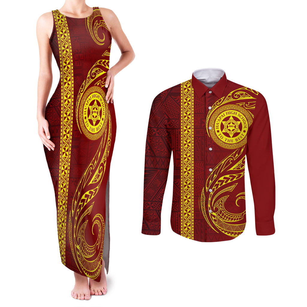 Tonga Ha'apai High School Couples Matching Tank Maxi Dress and Long Sleeve Button Shirt Ngatu and Maori Ethnic Tribal Pattern LT03 Red - Polynesian Pride