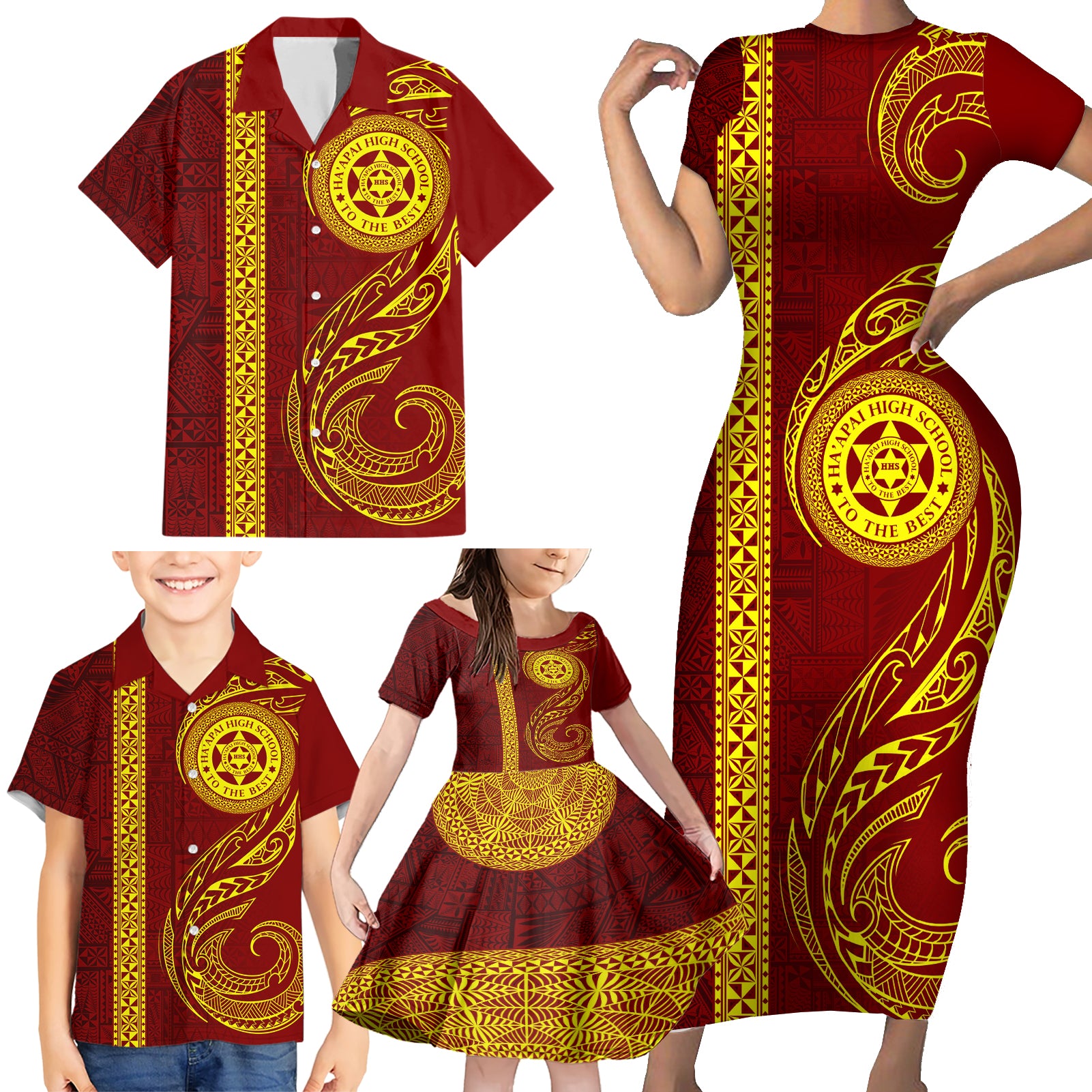 Tonga Ha'apai High School Family Matching Short Sleeve Bodycon Dress and Hawaiian Shirt Ngatu and Maori Ethnic Tribal Pattern LT03 - Polynesian Pride