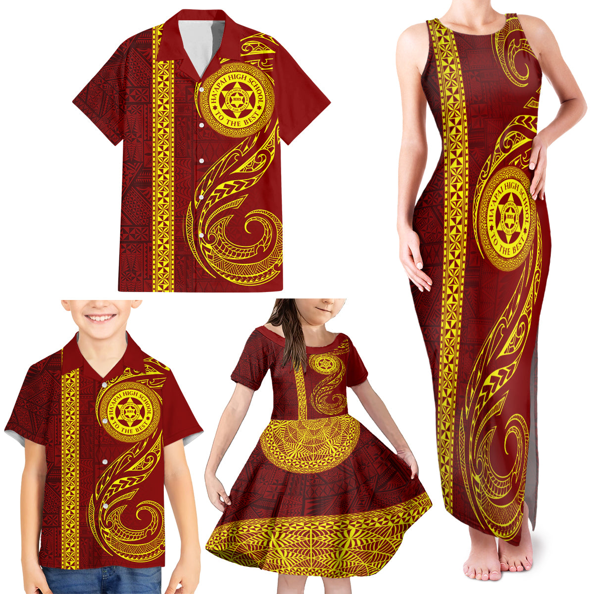 Tonga Ha'apai High School Family Matching Tank Maxi Dress and Hawaiian Shirt Ngatu and Maori Ethnic Tribal Pattern LT03 - Polynesian Pride