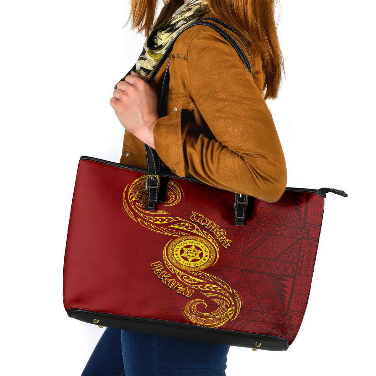 Tonga Ha'apai High School Leather Tote Bag Ngatu and Maori Ethnic Tribal Pattern LT03 Red - Polynesian Pride