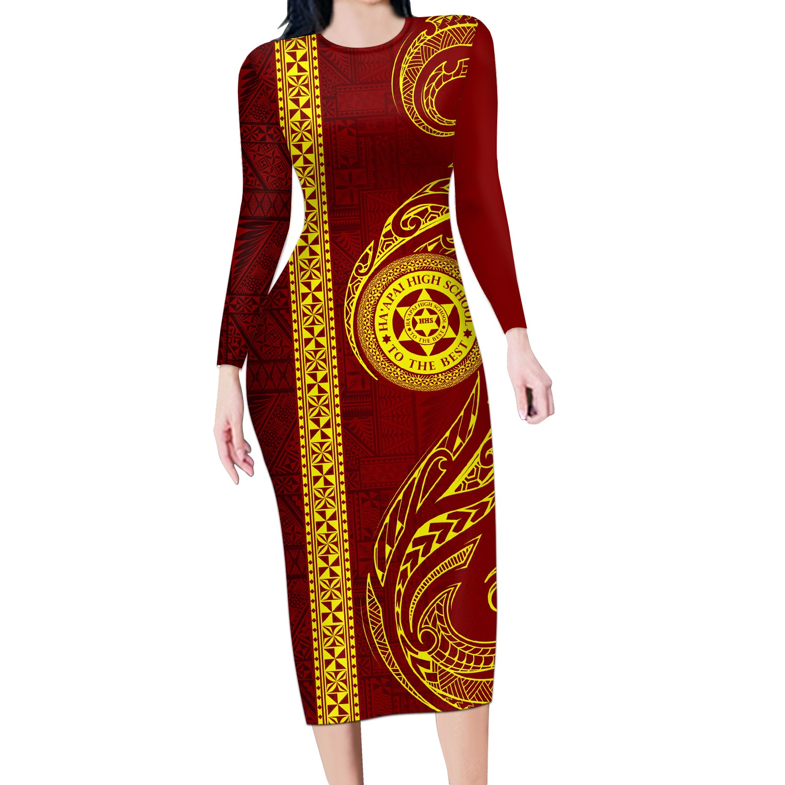 Tonga Ha'apai High School Long Sleeve Bodycon Dress Ngatu and Maori Ethnic Tribal Pattern LT03 Long Dress Red - Polynesian Pride