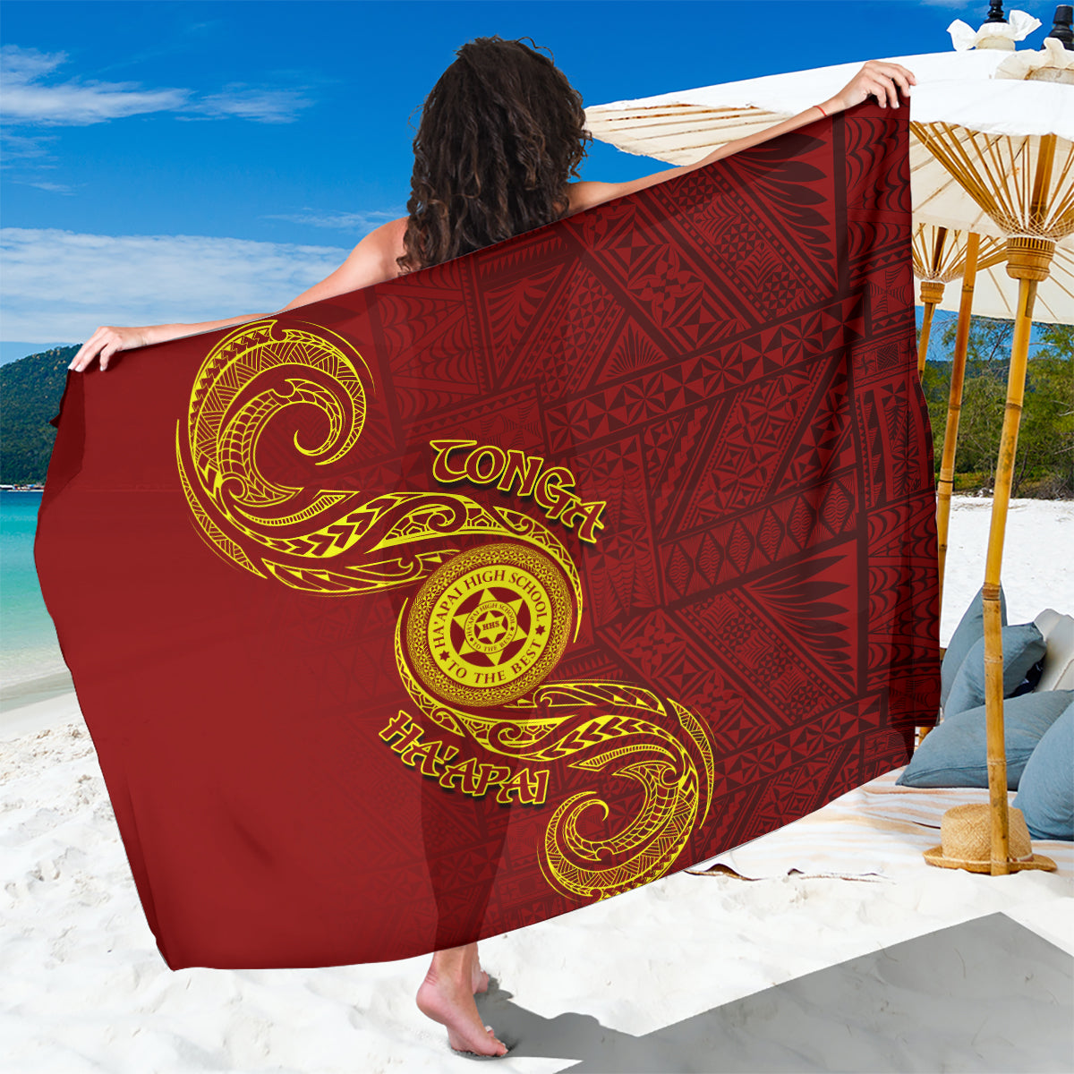 Tonga Ha'apai High School Sarong Ngatu and Maori Ethnic Tribal Pattern LT03 One Size 44 x 66 inches Red - Polynesian Pride