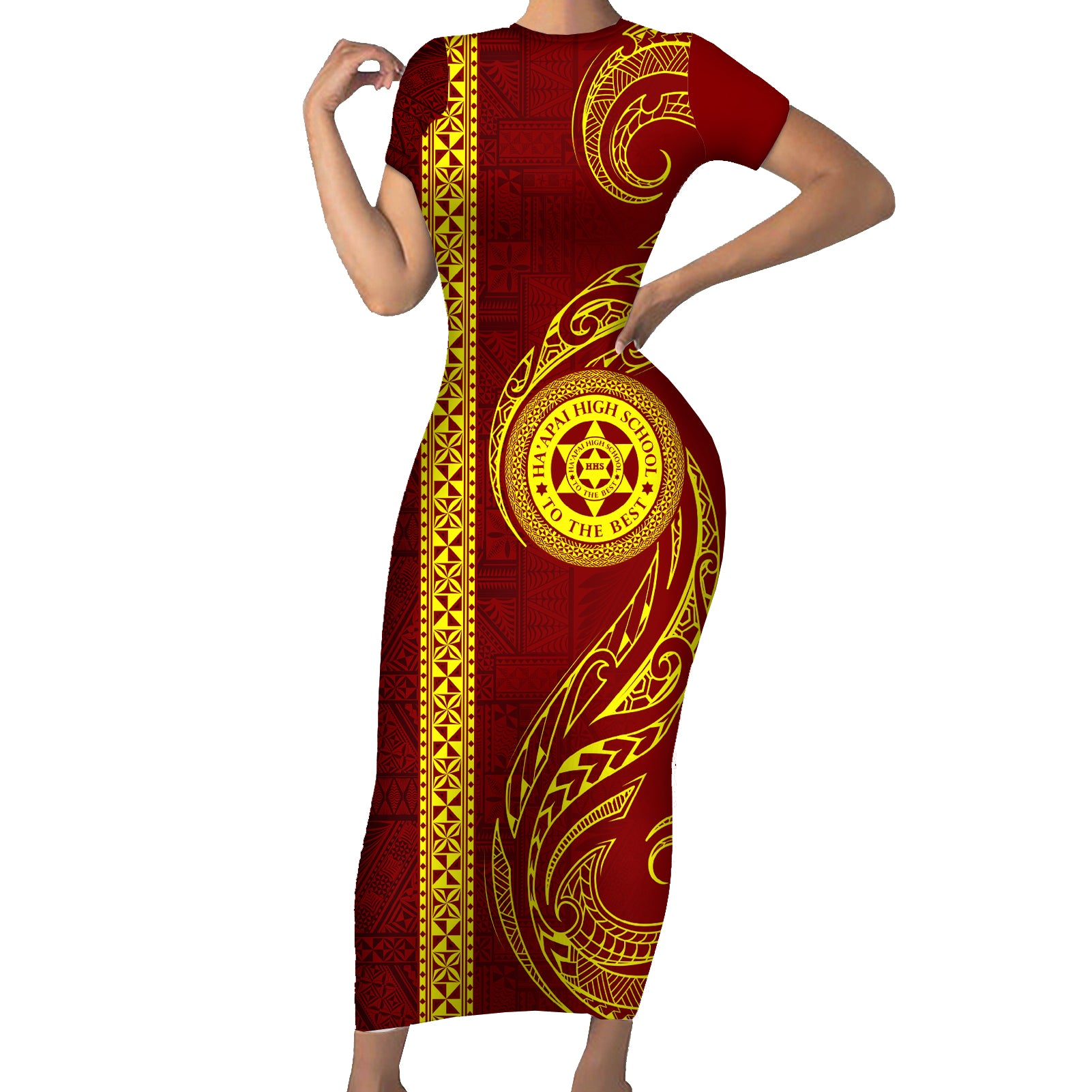 Tonga Ha'apai High School Short Sleeve Bodycon Dress Ngatu and Maori Ethnic Tribal Pattern LT03 Long Dress Red - Polynesian Pride