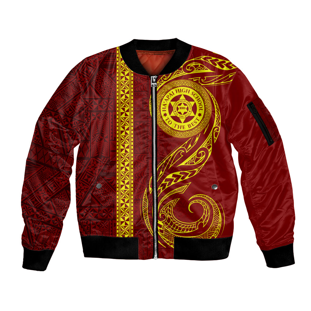 Tonga Ha'apai High School Sleeve Zip Bomber Jacket Ngatu and Maori Ethnic Tribal Pattern LT03 Unisex Red - Polynesian Pride