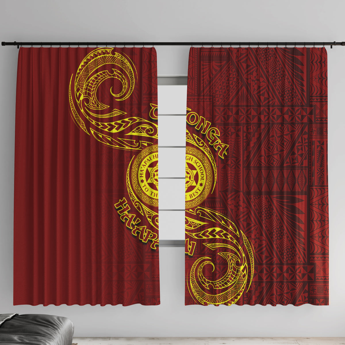 Tonga Ha'apai High School Window Curtain Ngatu and Maori Ethnic Tribal Pattern LT03 With Hooks Red - Polynesian Pride