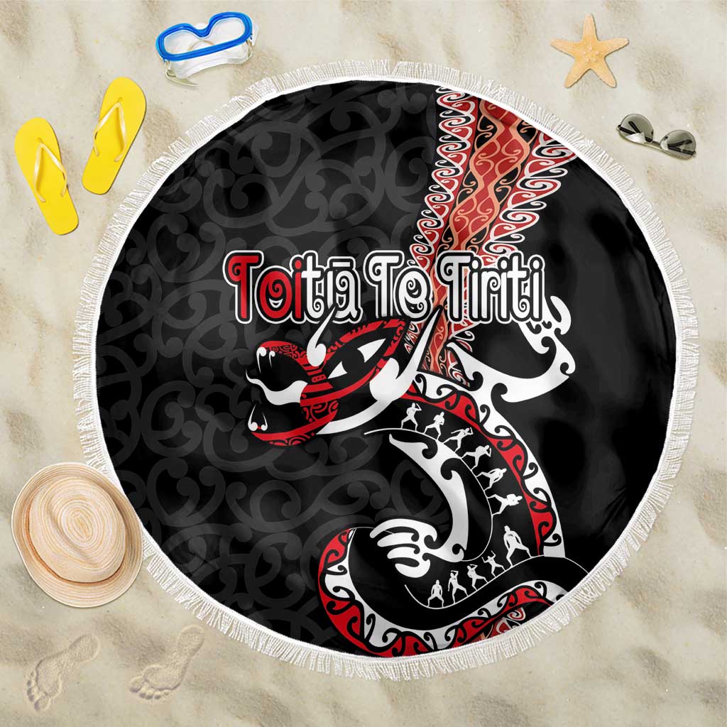 Aotearoa Toitu Te Tiriti Beach Blanket Maori Taniwha Haka - Honour the Treaty LT03 One Size 150cm Black - Polynesian Pride