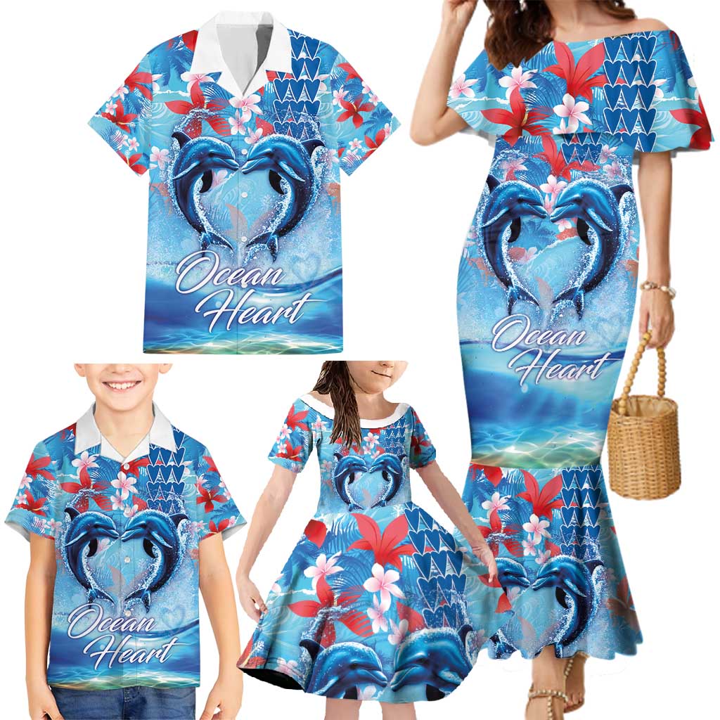 Hawaiian Dolphin Love Couple - Ocean Heart Family Matching Mermaid Dress and Hawaiian Shirt