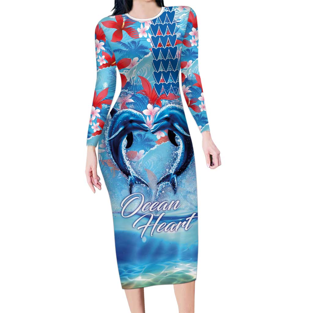 Hawaiian Dolphin Love Couple - Ocean Heart Long Sleeve Bodycon Dress LT03 Long Dress Blue - Polynesian Pride