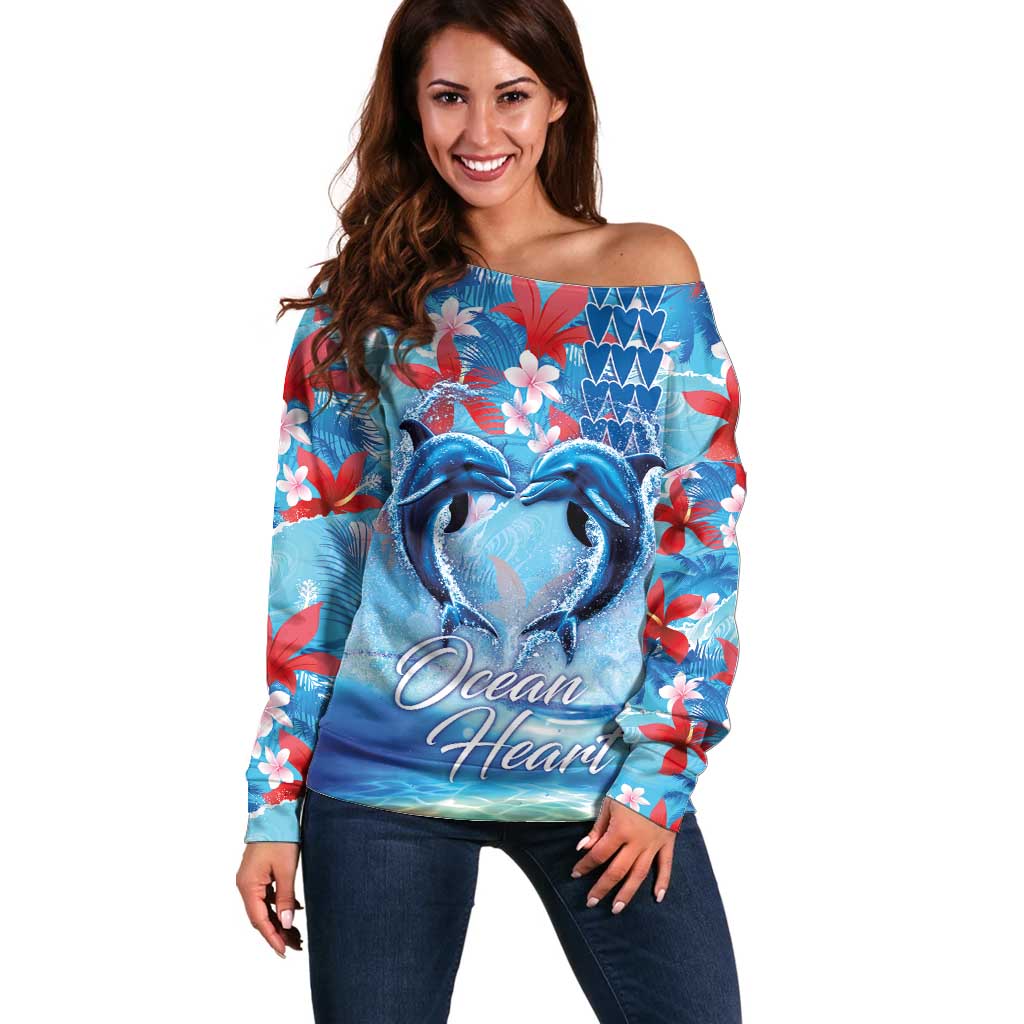 Hawaiian Dolphin Love Couple - Ocean Heart Off Shoulder Sweater LT03 Women Blue - Polynesian Pride