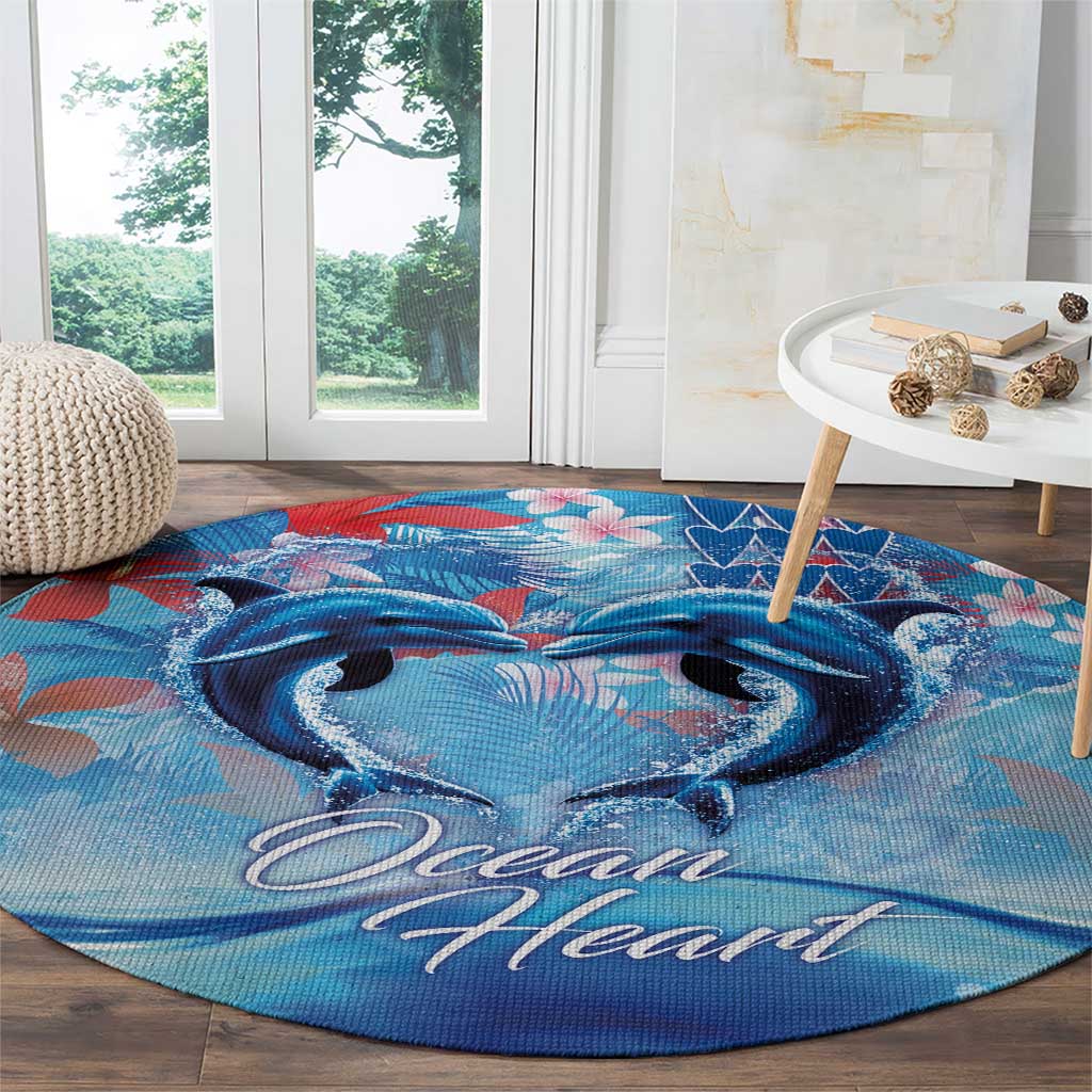 Hawaiian Dolphin Love Couple - Ocean Heart Round Carpet LT03 - Polynesian Pride