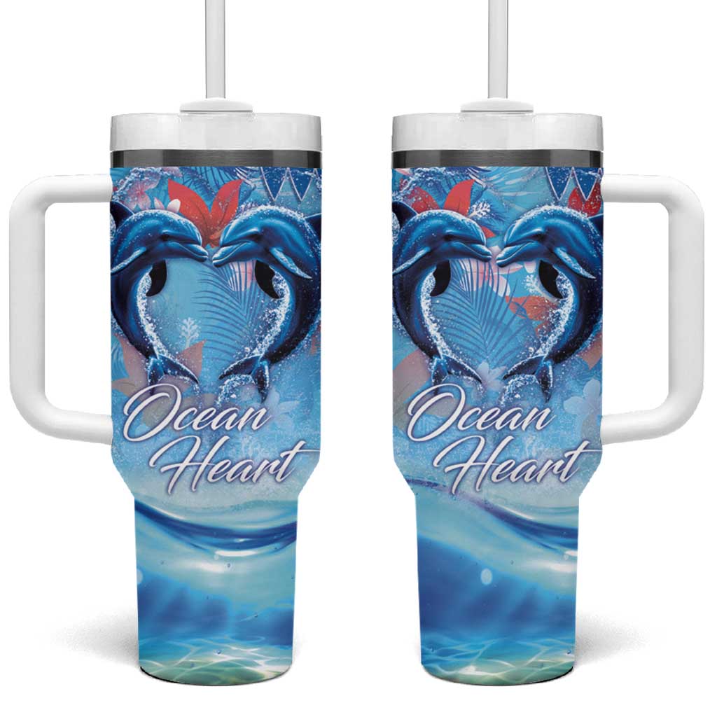 Hawaiian Dolphin Love Couple - Ocean Heart Tumbler With Handle LT03 One Size: 40 oz Blue - Polynesian Pride