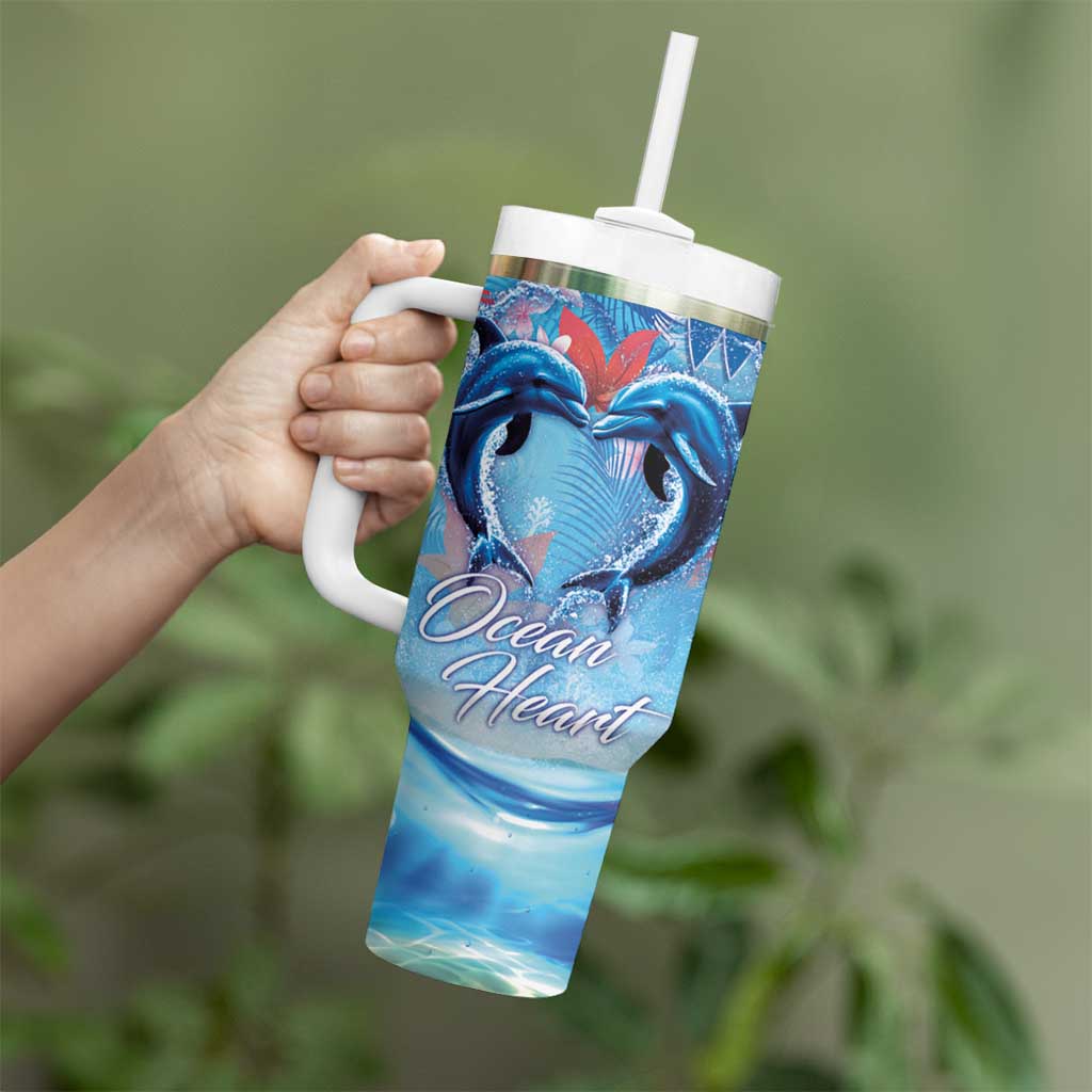 Hawaiian Dolphin Love Couple - Ocean Heart Tumbler With Handle LT03 - Polynesian Pride