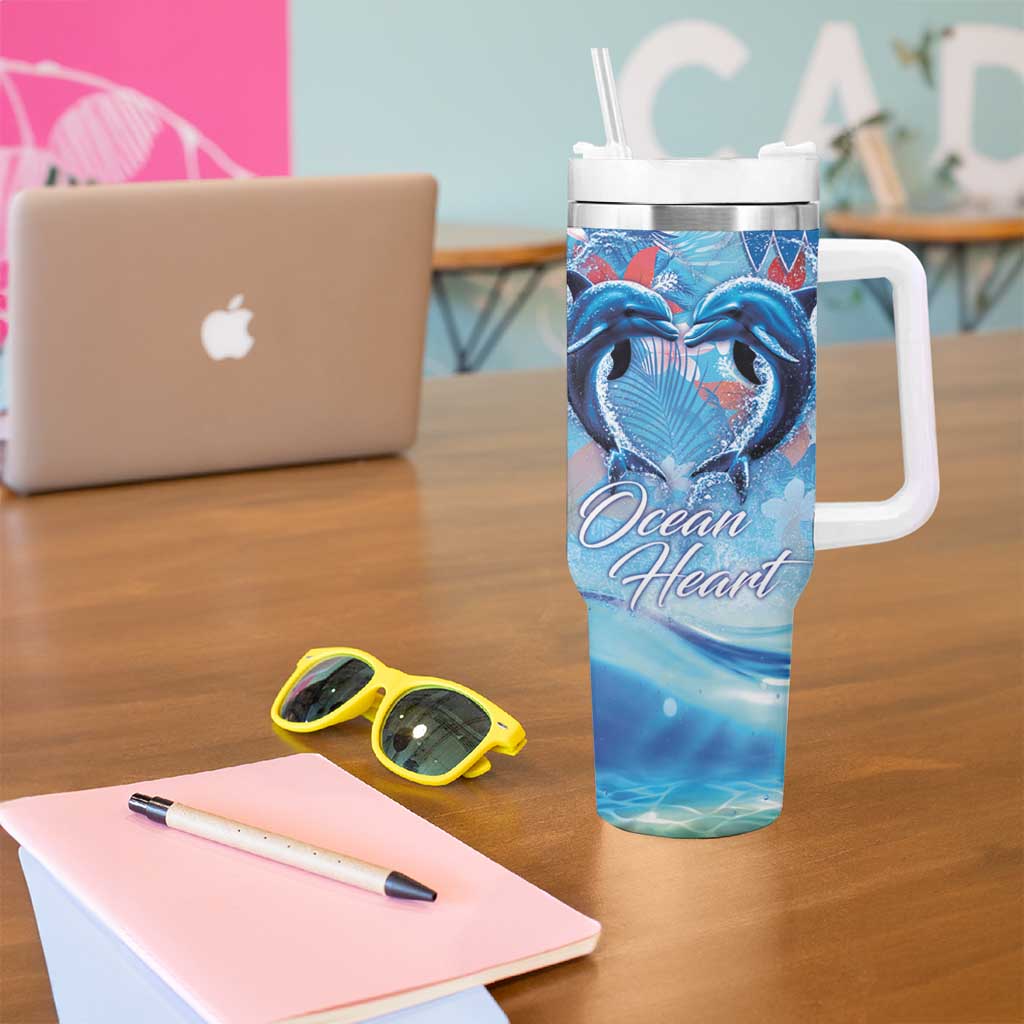 Hawaiian Dolphin Love Couple - Ocean Heart Tumbler With Handle LT03 - Polynesian Pride