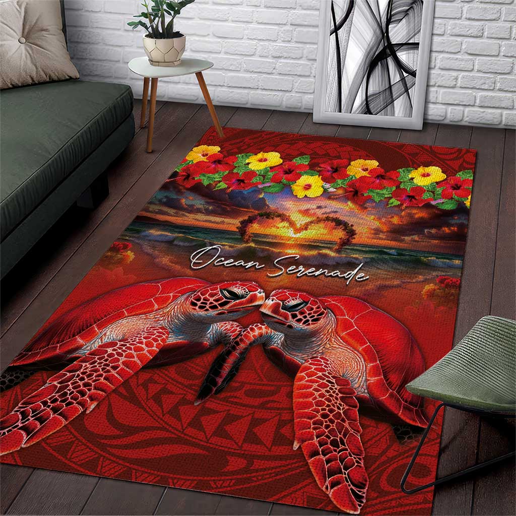 Hawaiian Turtle Love Couple Area Rug Ocean Serenade - Honu Honi Ihu with Hibiscus and Romantic Sunset Red Color