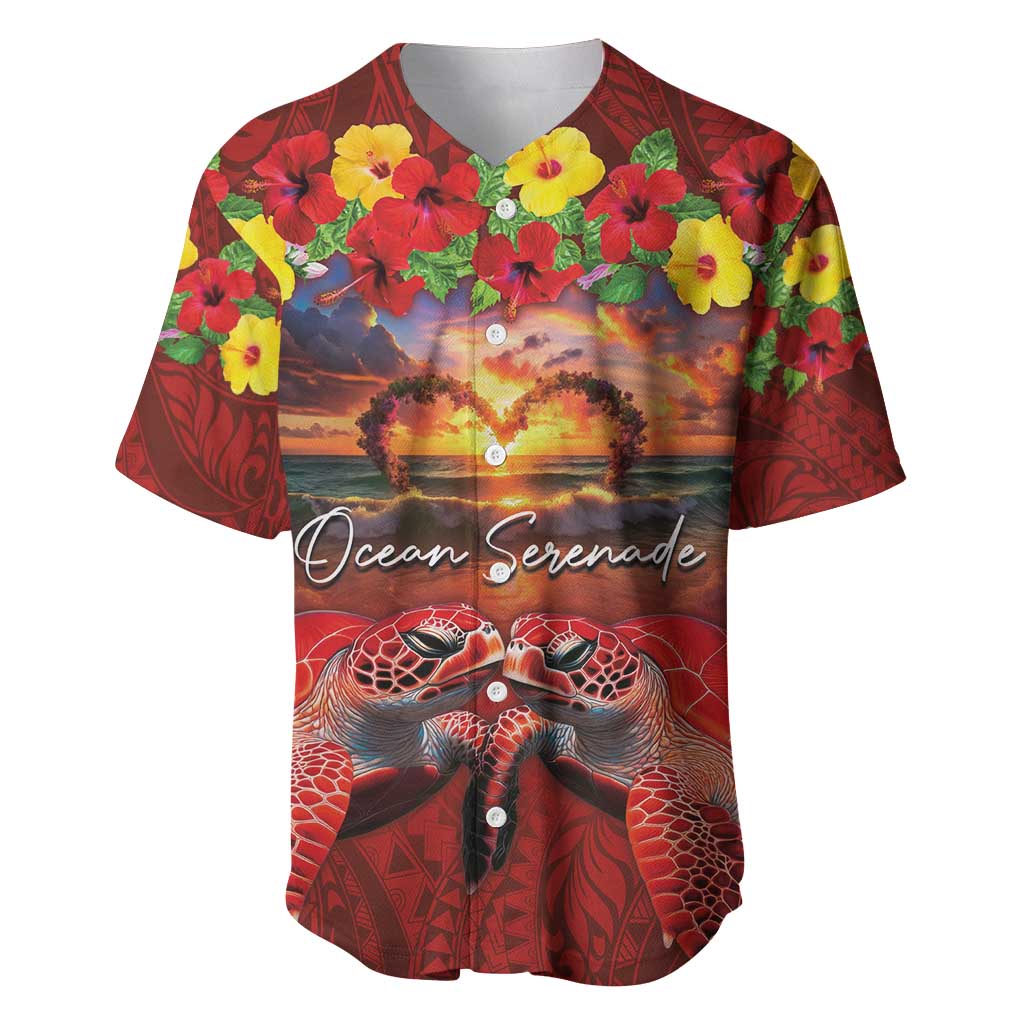 Hawaiian Turtle Love Couple Baseball Jersey Ocean Serenade - Honu Honi Ihu with Hibiscus and Romantic Sunset Red Color LT03 Red - Polynesian Pride