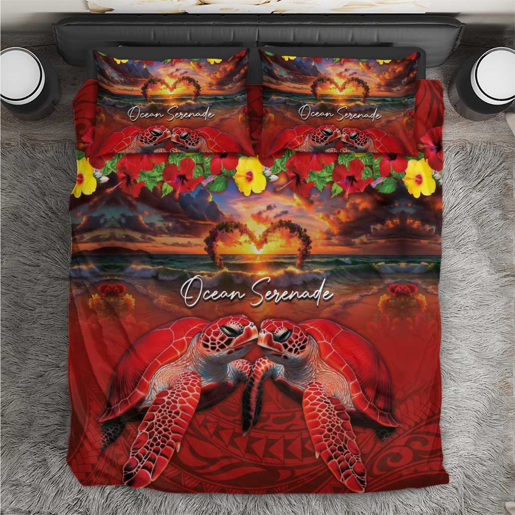 Hawaiian Turtle Love Couple Bedding Set Ocean Serenade - Honu Honi Ihu with Hibiscus and Romantic Sunset Red Color LT03 Red - Polynesian Pride