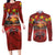 Hawaiian Turtle Love Couple Couples Matching Long Sleeve Bodycon Dress and Long Sleeve Button Shirt Ocean Serenade - Honu Honi Ihu with Hibiscus and Romantic Sunset Red Color