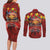 Hawaiian Turtle Love Couple Couples Matching Long Sleeve Bodycon Dress and Long Sleeve Button Shirt Ocean Serenade - Honu Honi Ihu with Hibiscus and Romantic Sunset Red Color