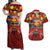 Hawaiian Turtle Love Couple Couples Matching Off Shoulder Maxi Dress and Hawaiian Shirt Ocean Serenade - Honu Honi Ihu with Hibiscus and Romantic Sunset Red Color