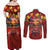 Hawaiian Turtle Love Couple Couples Matching Off Shoulder Maxi Dress and Long Sleeve Button Shirt Ocean Serenade - Honu Honi Ihu with Hibiscus and Romantic Sunset Red Color