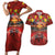 Hawaiian Turtle Love Couple Couples Matching Short Sleeve Bodycon Dress and Hawaiian Shirt Ocean Serenade - Honu Honi Ihu with Hibiscus and Romantic Sunset Red Color