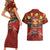 Hawaiian Turtle Love Couple Couples Matching Short Sleeve Bodycon Dress and Hawaiian Shirt Ocean Serenade - Honu Honi Ihu with Hibiscus and Romantic Sunset Red Color