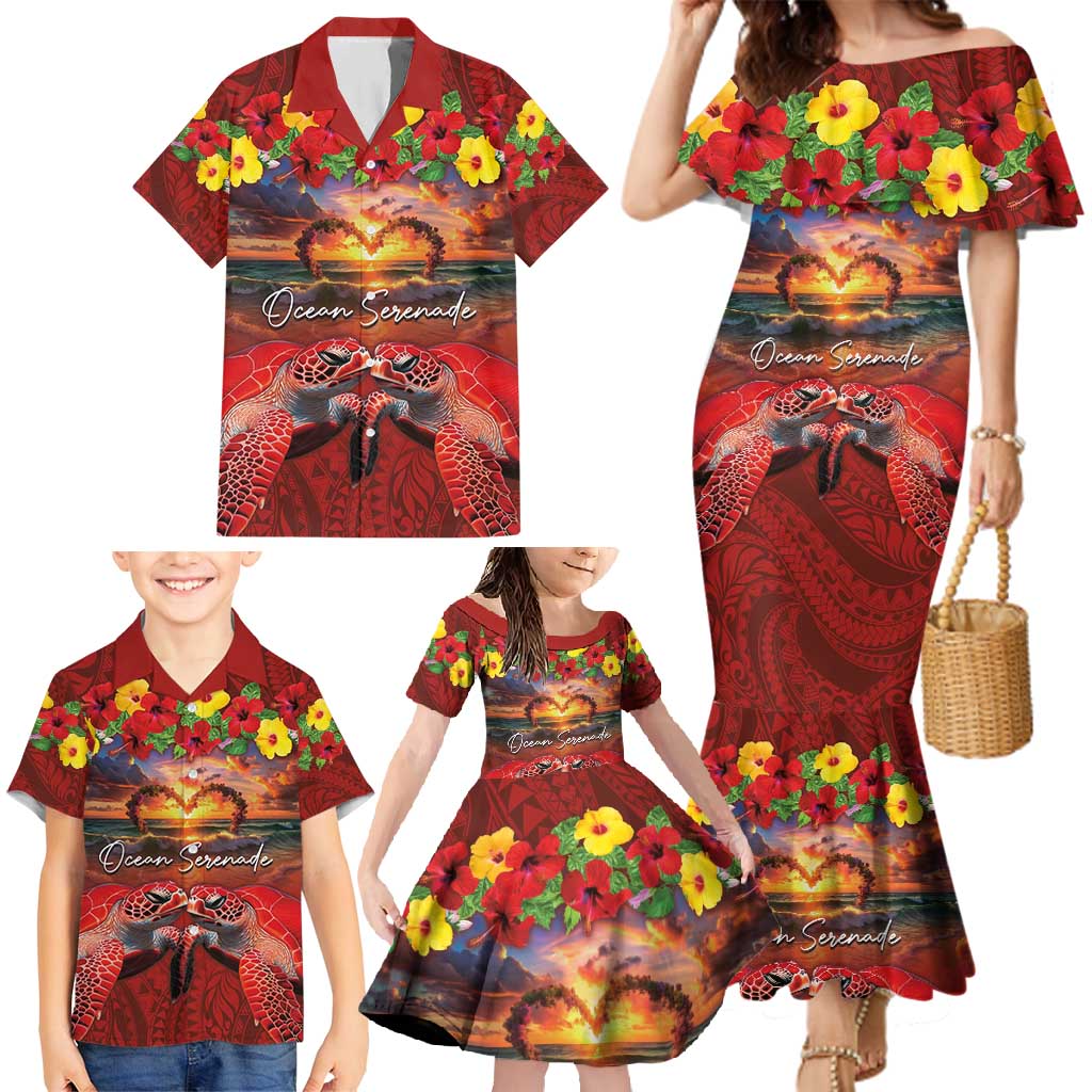 Hawaiian Turtle Love Couple Family Matching Mermaid Dress and Hawaiian Shirt Ocean Serenade - Honu Honi Ihu with Hibiscus and Romantic Sunset Red Color