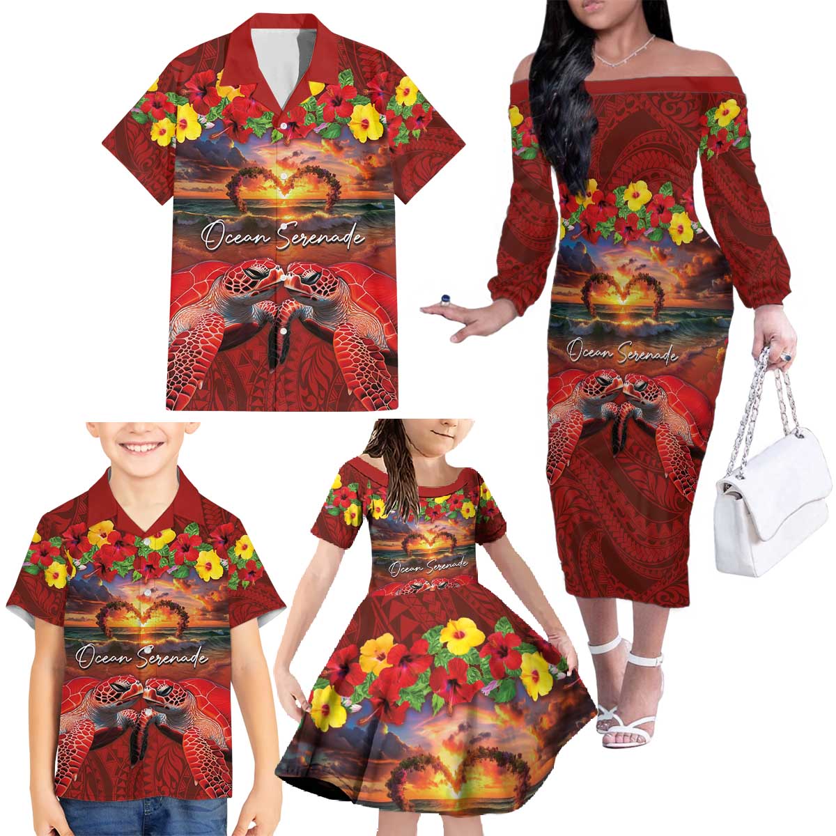 Hawaiian Turtle Love Couple Family Matching Off The Shoulder Long Sleeve Dress and Hawaiian Shirt Ocean Serenade - Honu Honi Ihu with Hibiscus and Romantic Sunset Red Color