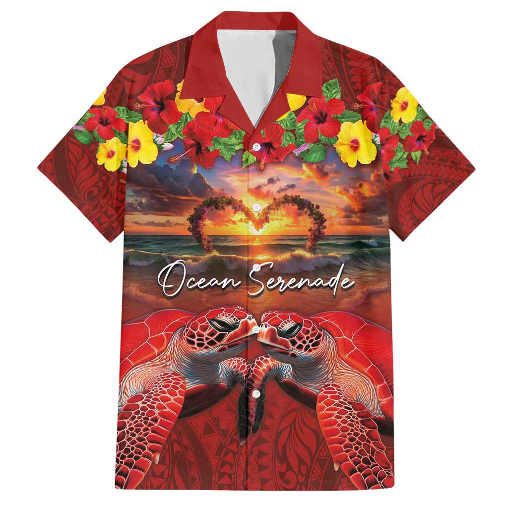 Hawaiian Turtle Love Couple Hawaiian Shirt Ocean Serenade - Honu Honi Ihu with Hibiscus and Romantic Sunset Red Color LT03 Red - Polynesian Pride