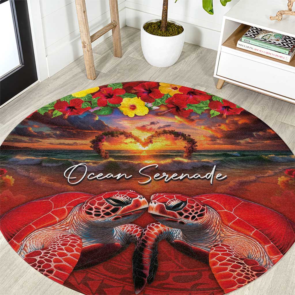 Hawaiian Turtle Love Couple Round Carpet Ocean Serenade - Honu Honi Ihu with Hibiscus and Romantic Sunset Red Color LT03 Red - Polynesian Pride