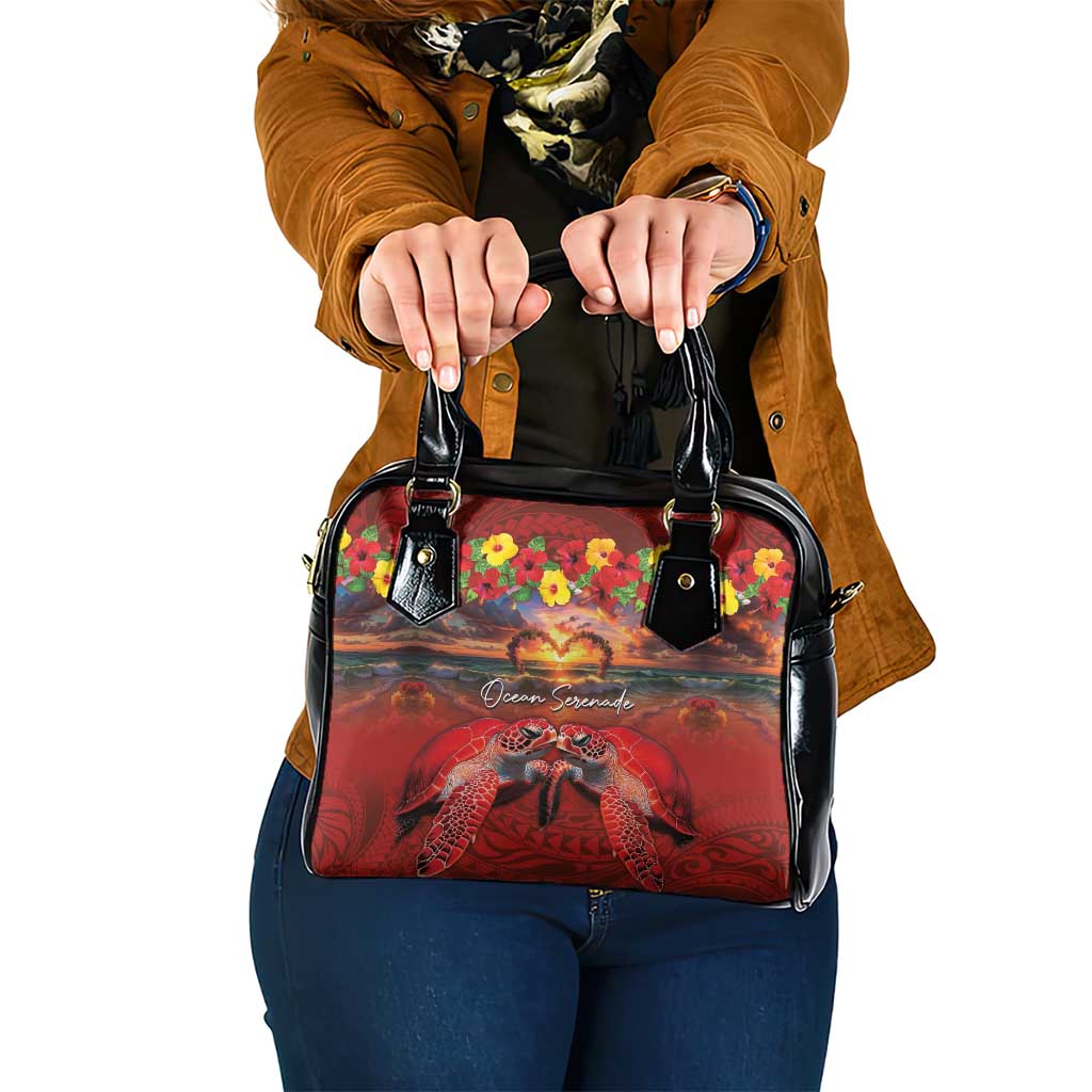 Hawaiian Turtle Love Couple Shoulder Handbag Ocean Serenade - Honu Honi Ihu with Hibiscus and Romantic Sunset Red Color LT03 One Size Red - Polynesian Pride