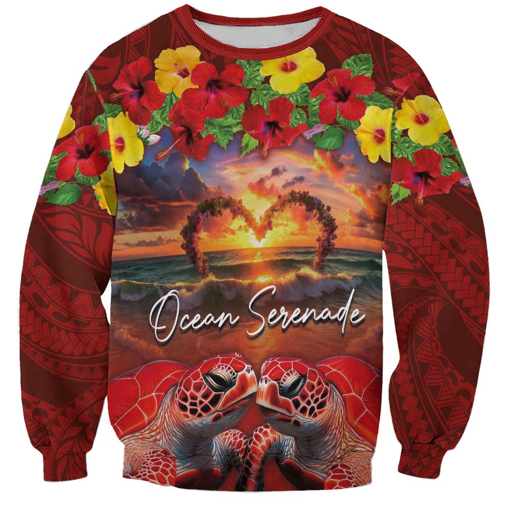 Hawaiian Turtle Love Couple Sweatshirt Ocean Serenade - Honu Honi Ihu with Hibiscus and Romantic Sunset Red Color LT03 Unisex Red - Polynesian Pride