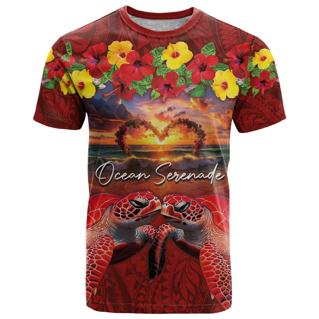 Hawaiian Turtle Love Couple T Shirt Ocean Serenade - Honu Honi Ihu with Hibiscus and Romantic Sunset Red Color LT03 Red - Polynesian Pride