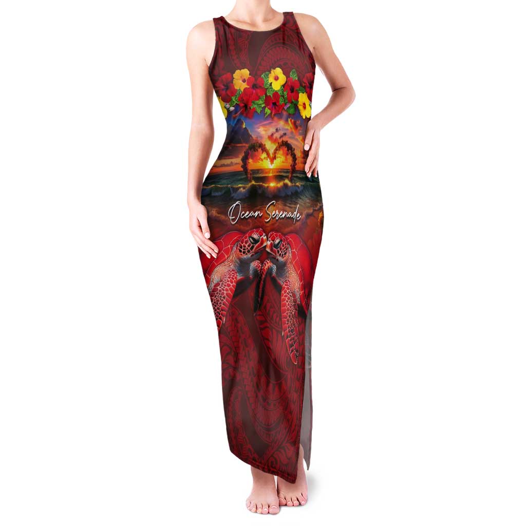 Hawaiian Turtle Love Couple Tank Maxi Dress Ocean Serenade - Honu Honi Ihu with Hibiscus and Romantic Sunset Red Color