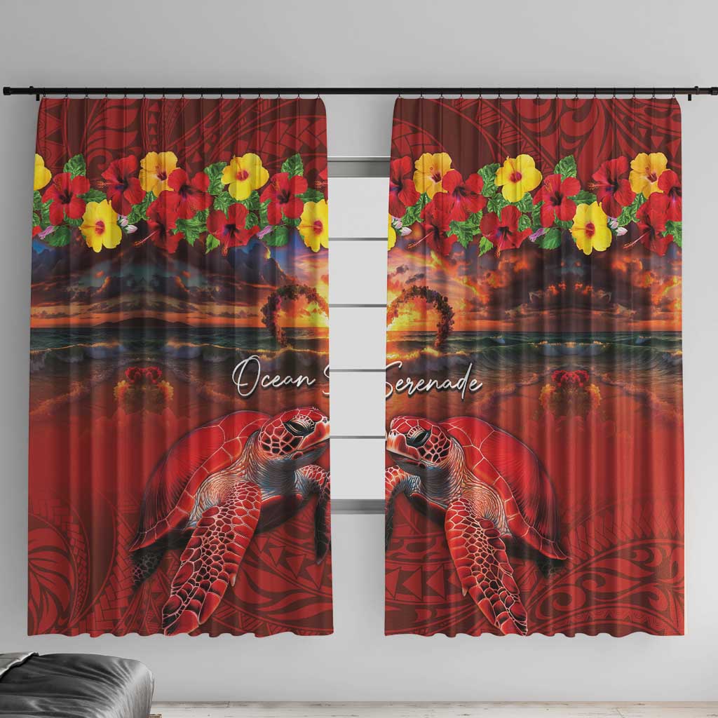 Hawaiian Turtle Love Couple Window Curtain Ocean Serenade - Honu Honi Ihu with Hibiscus and Romantic Sunset Red Color LT03 With Hooks Red - Polynesian Pride