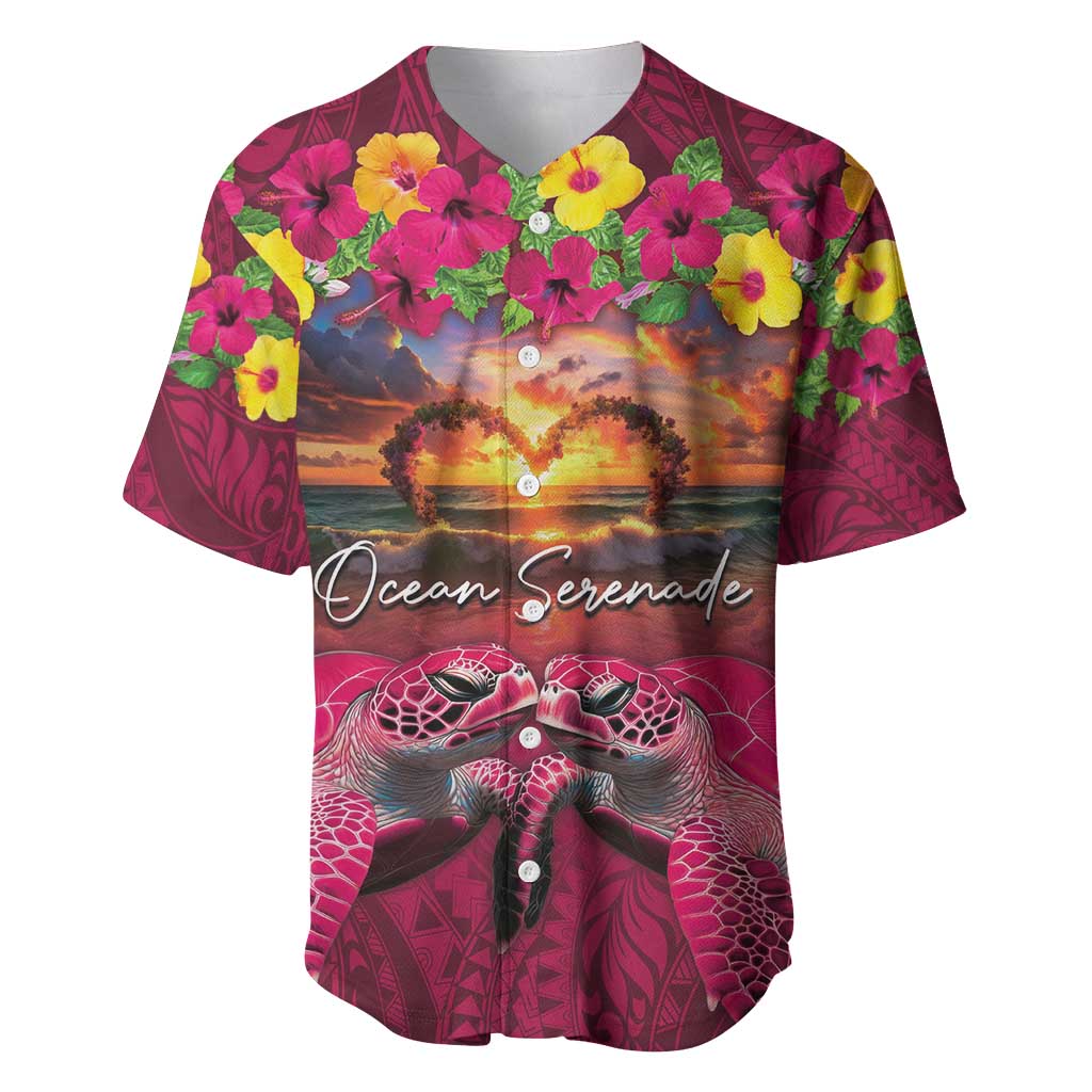 Hawaiian Turtle Love Couple Baseball Jersey Ocean Serenade - Honu Honi Ihu with Hibiscus and Romantic Sunset Pink Color