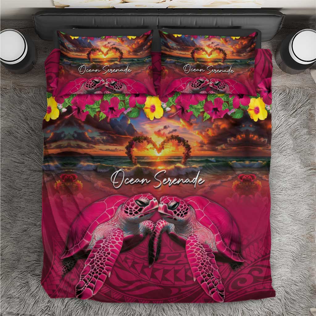 Hawaiian Turtle Love Couple Bedding Set Ocean Serenade - Honu Honi Ihu with Hibiscus and Romantic Sunset Pink Color LT03 Pink - Polynesian Pride