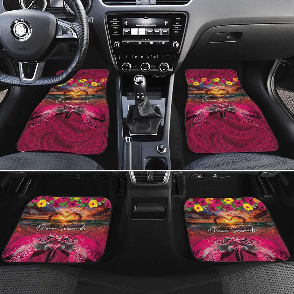 Hawaiian Turtle Love Couple Car Mats Ocean Serenade - Honu Honi Ihu with Hibiscus and Romantic Sunset Pink Color LT03 Set 4pcs Pink - Polynesian Pride