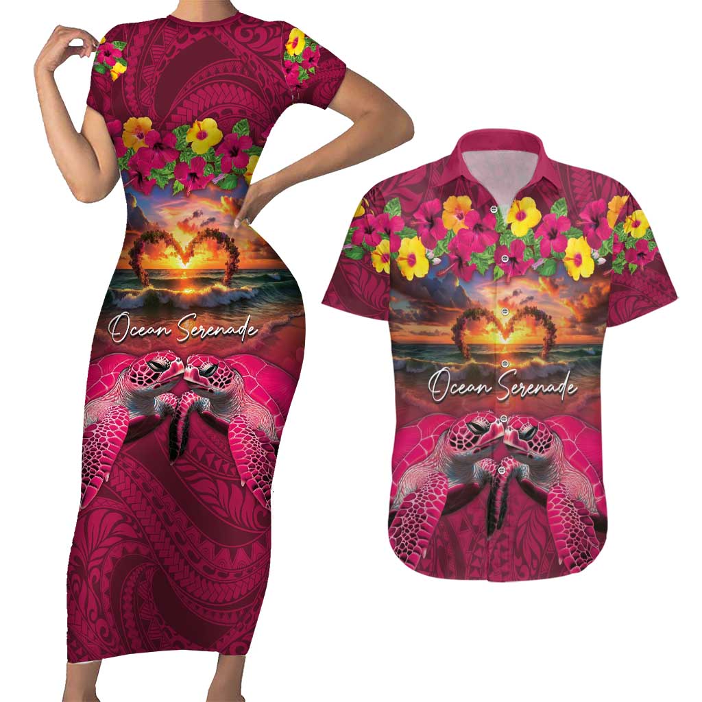 Hawaiian Turtle Love Couple Couples Matching Short Sleeve Bodycon Dress and Hawaiian Shirt Ocean Serenade - Honu Honi Ihu with Hibiscus and Romantic Sunset Pink Color