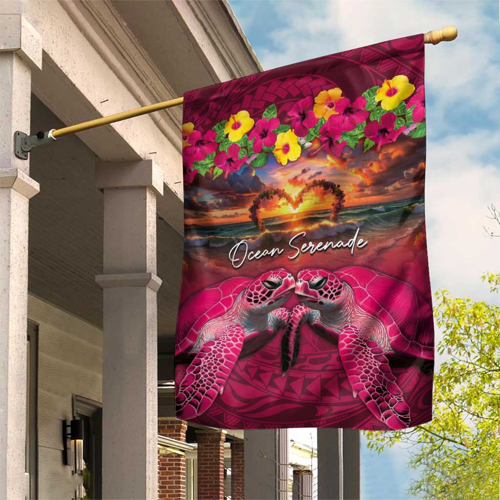 Hawaiian Turtle Love Couple Garden Flag Ocean Serenade - Honu Honi Ihu with Hibiscus and Romantic Sunset Pink Color LT03 House Flag Pink - Polynesian Pride