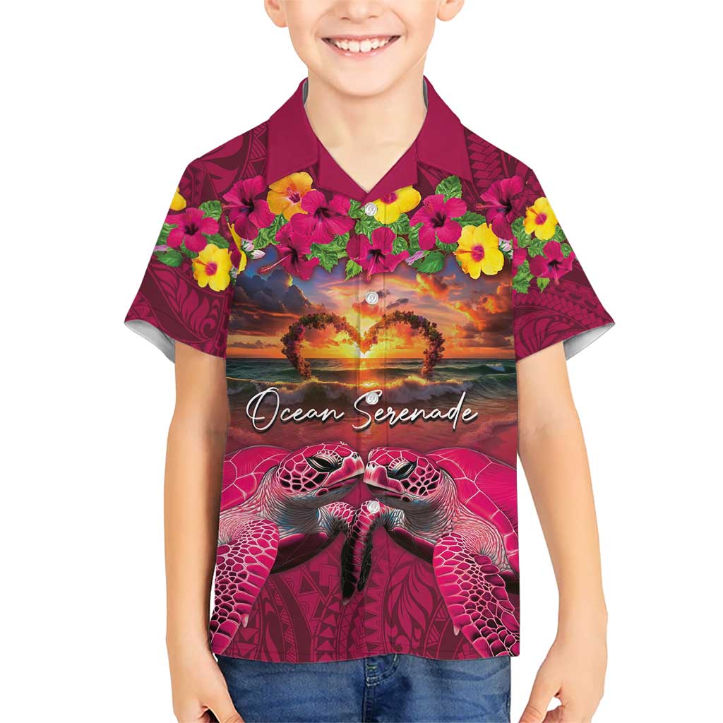 Hawaiian Turtle Love Couple Kid Hawaiian Shirt Ocean Serenade - Honu Honi Ihu with Hibiscus and Romantic Sunset Pink Color LT03 Kid Pink - Polynesian Pride