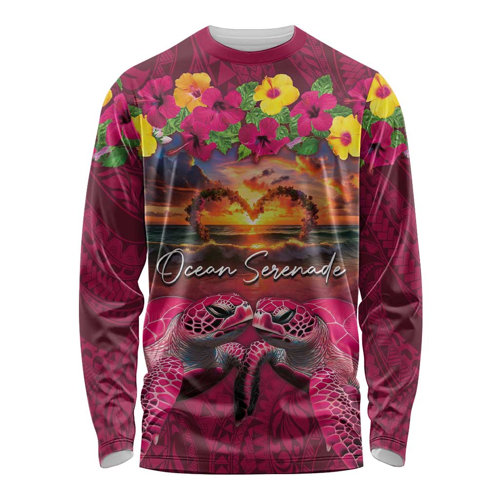 Hawaiian Turtle Love Couple Long Sleeve Shirt Ocean Serenade - Honu Honi Ihu with Hibiscus and Romantic Sunset Pink Color LT03 Unisex Pink - Polynesian Pride