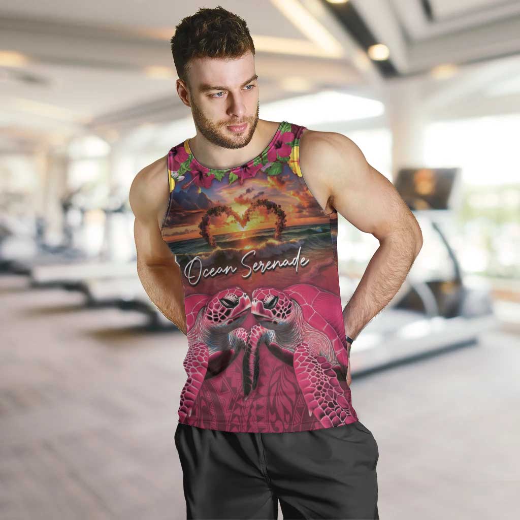 Hawaiian Turtle Love Couple Men Tank Top Ocean Serenade - Honu Honi Ihu with Hibiscus and Romantic Sunset Pink Color LT03 Pink - Polynesian Pride
