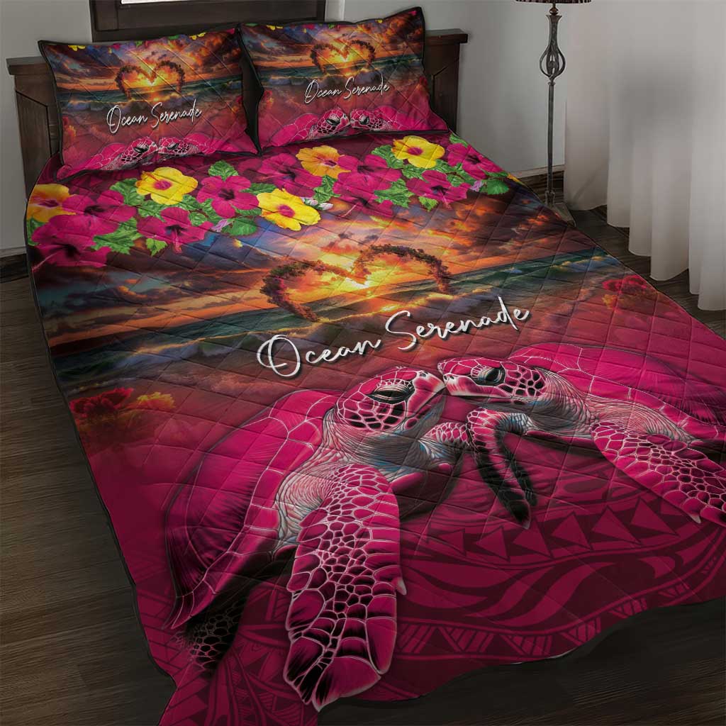 Hawaiian Turtle Love Couple Quilt Bed Set Ocean Serenade - Honu Honi Ihu with Hibiscus and Romantic Sunset Pink Color LT03 Pink - Polynesian Pride