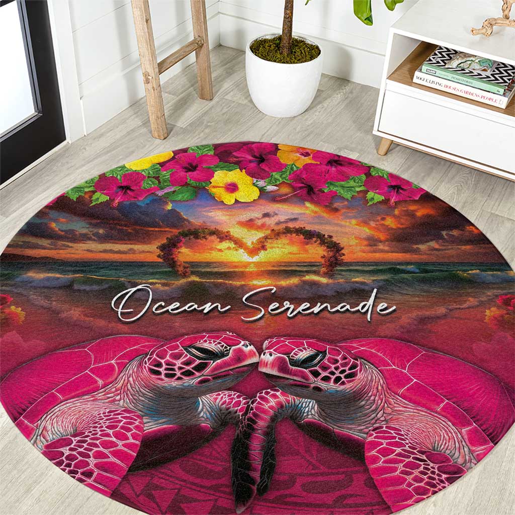 Hawaiian Turtle Love Couple Round Carpet Ocean Serenade - Honu Honi Ihu with Hibiscus and Romantic Sunset Pink Color LT03 Pink - Polynesian Pride