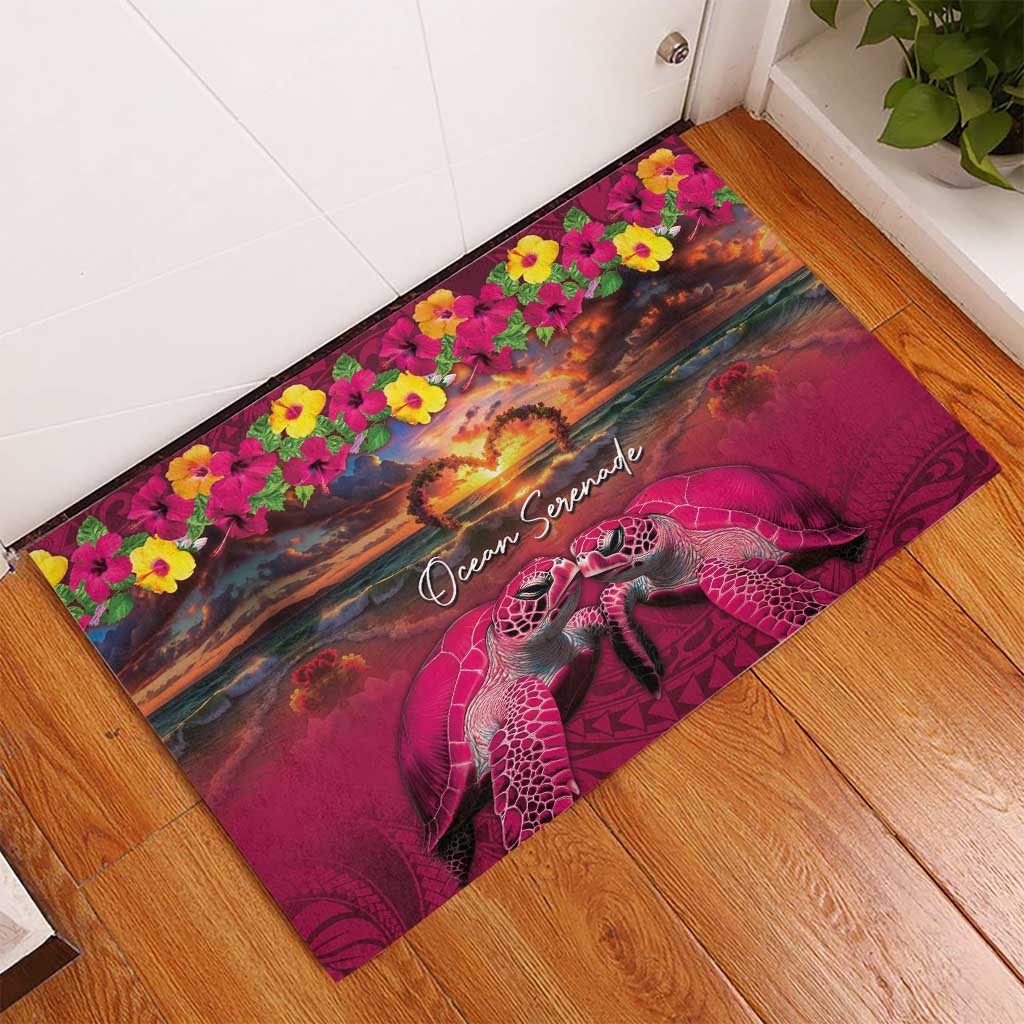 Hawaiian Turtle Love Couple Rubber Doormat Ocean Serenade - Honu Honi Ihu with Hibiscus and Romantic Sunset Pink Color LT03 - Polynesian Pride