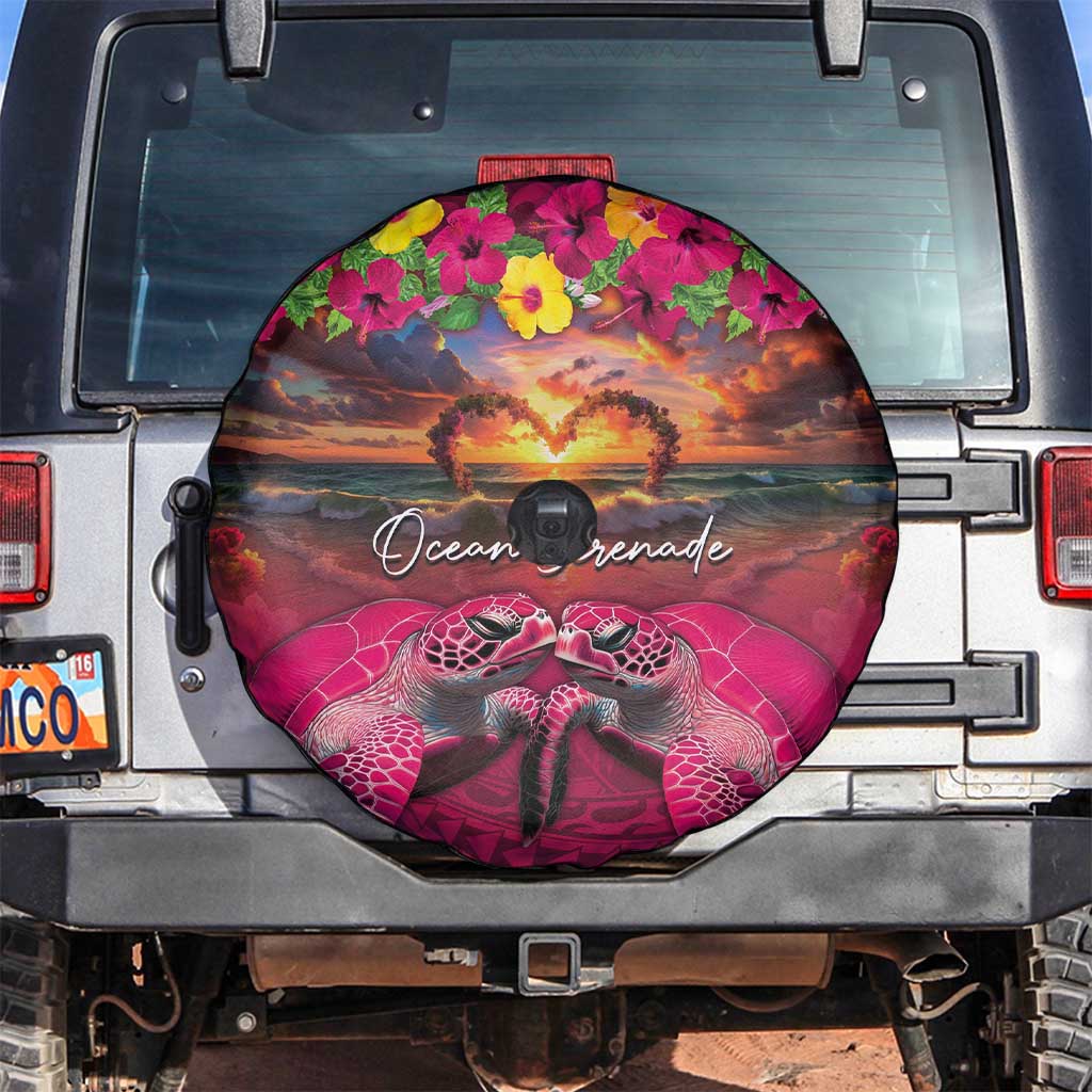 Hawaiian Turtle Love Couple Spare Tire Cover Ocean Serenade - Honu Honi Ihu with Hibiscus and Romantic Sunset Pink Color