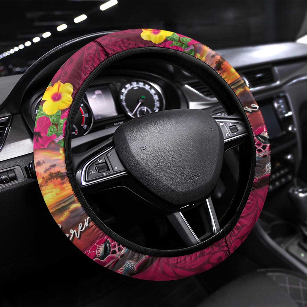 Hawaiian Turtle Love Couple Steering Wheel Cover Ocean Serenade - Honu Honi Ihu with Hibiscus and Romantic Sunset Pink Color