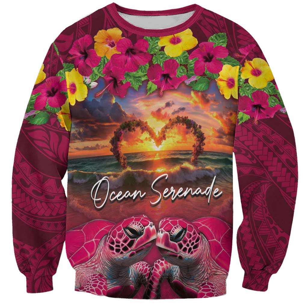 Hawaiian Turtle Love Couple Sweatshirt Ocean Serenade - Honu Honi Ihu with Hibiscus and Romantic Sunset Pink Color LT03 Unisex Pink - Polynesian Pride