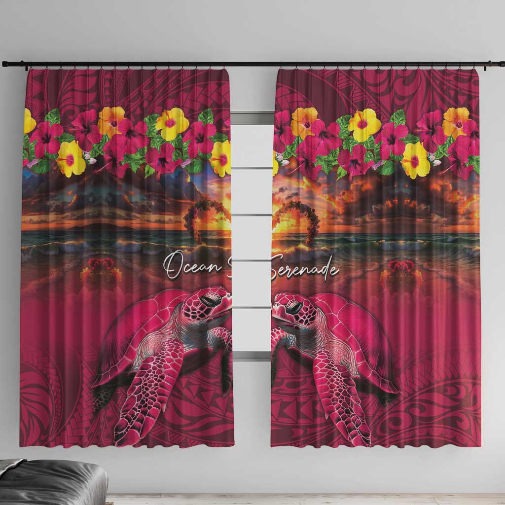 Hawaiian Turtle Love Couple Window Curtain Ocean Serenade - Honu Honi Ihu with Hibiscus and Romantic Sunset Pink Color LT03 With Hooks Pink - Polynesian Pride
